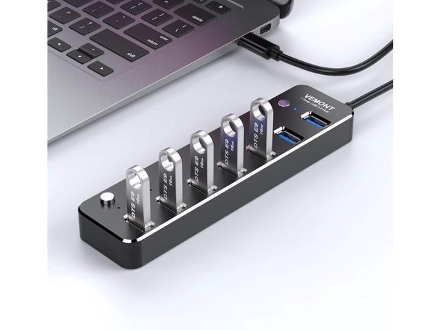 USB hub, Aluminum USB 3.0 Data Hub with Individual On/Off Switches and LED Lights for Laptop, PC, Computer (4ft/120cm) (7port)