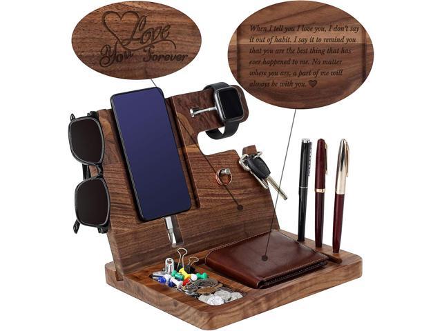 Wood Phone Docking Station for Men Personalized - Valentine's Day Idea for Husband Boyfriend Birthday Gift for Him - Wooden Organizer Nightstand...