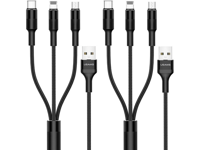 USAMS [2 Pack] Multi Charging Cable, 5FT 3 in 1 Nylon Braided USB Multiple Charger Fast Charging Cord Compatible with Most Smart Phones & Pads