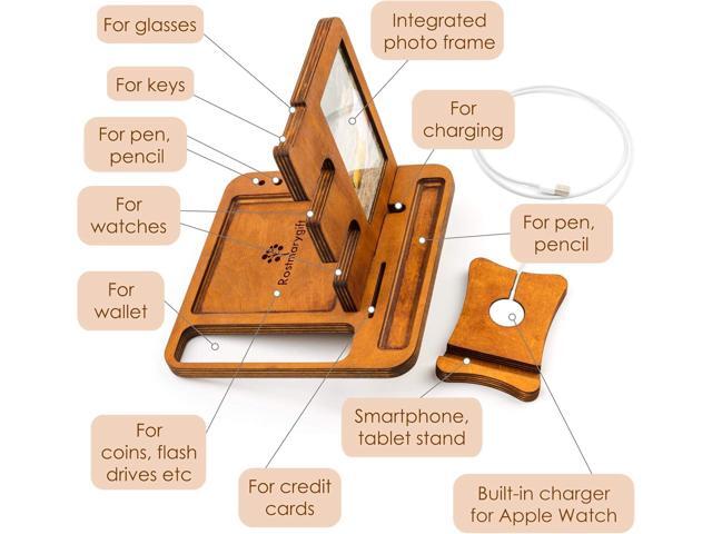 Wooden Phone Docking Station - Nightstand Organizer for Men - Phone Tablet Watch Holder - Wallet Watch Stand - Anniversary for Men's Fathers Gifts...