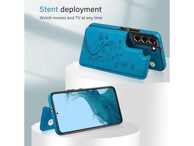 Korecase Wallet Phone Case for Samsung Galaxy S23 with Card Holder, Butterfly Floral PU Leather Back Flip Case -Blue