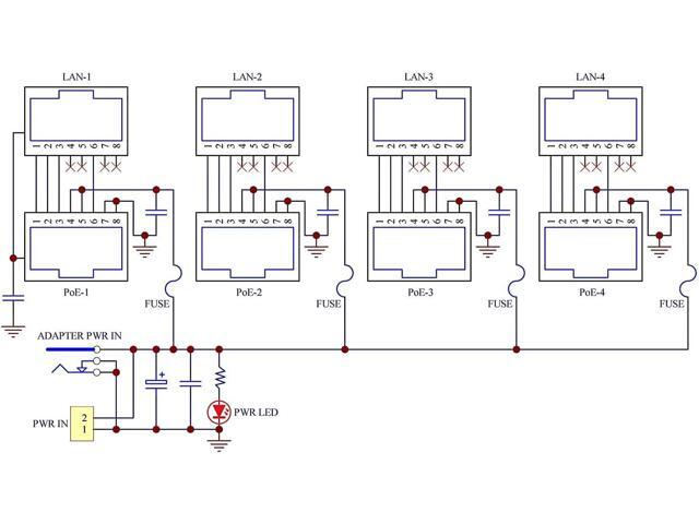 4 Ports Passive RJ45 PoE Power Injection Module, Power Over Ethernet Injector