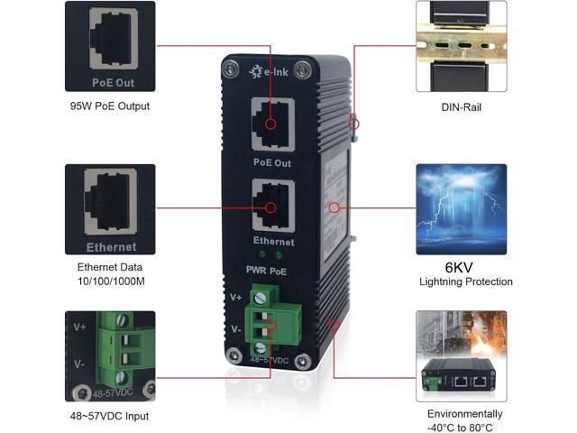 E-link Industrial Gigabit PoE++ Injector 48V DC PoE++ 95W up to 100 Meters Output DIN Rail Mount Hardened High Power PoE Adapter -40°C to 80°C IP40