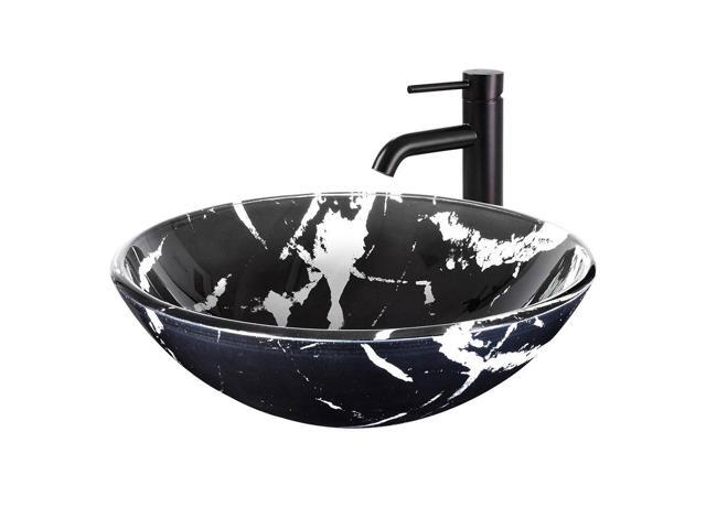 Tempered Glass Round Vessel Sink Artistic Marbling Pattern Above Counter Bathroom Vanity Bowl Basin