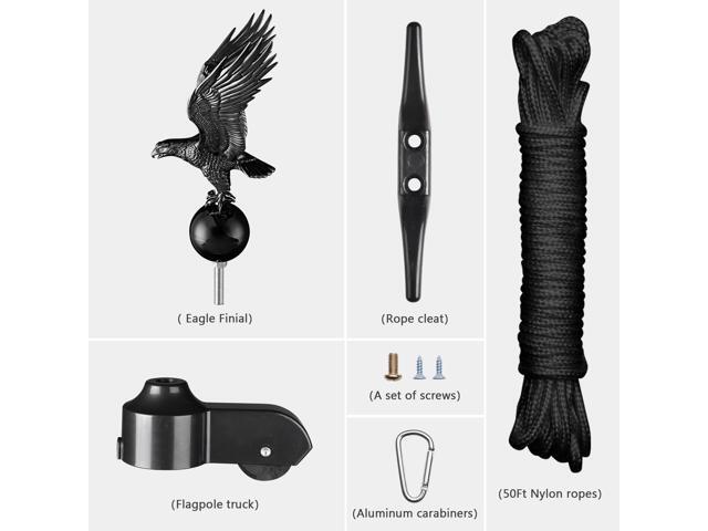 Flag Pole Parts Repair Kit Black Eagle Cleat Clip Truck Pulley Rope 20 25 30 Ft for 2' Diameter Flag Pole