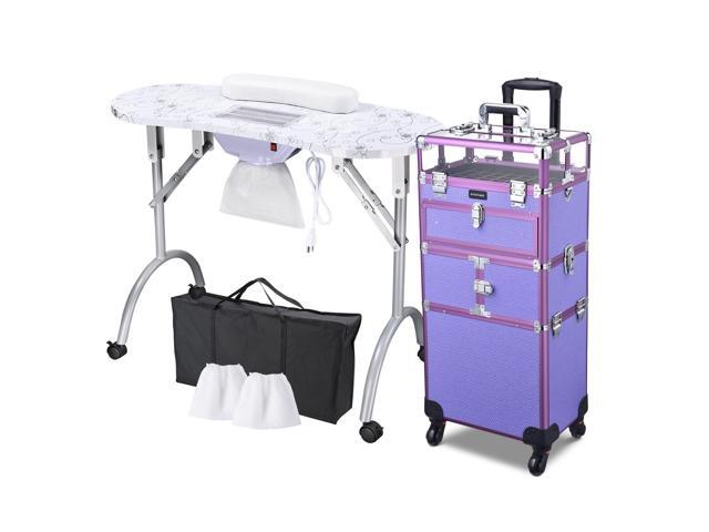 Byootique Folding Manicure Nail Table 2in1 Rolling Makeup Train Case Kit Manicure Cosmetic Trolley Travel Organizer Nail Case, Purple