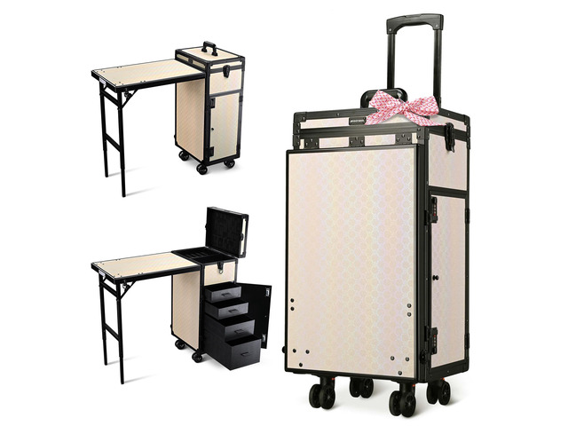 Byootique Aluminum Rolling Makeup Train Case w/ Table Salon Grace ForgetMeNot