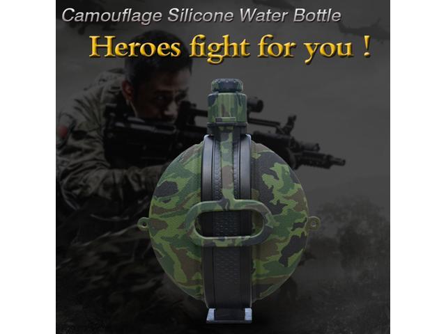 Collapsible Military Water Bottle Newly Designed Silicone Water Kettle Canteen with Compass Bottle Cap for Hiking Camping Outdoors (Camouflage Green)