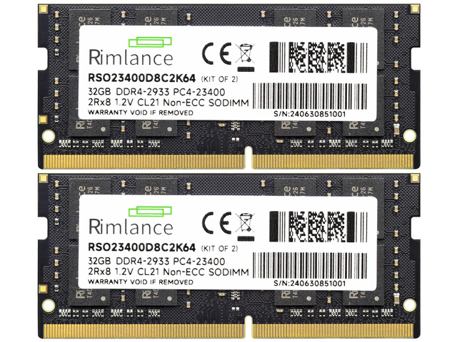 Rimlance 64GB (2X32GB) 1.2V DDR4 2933MHZ PC4-23400 SODIMM 2RX8 Laptop Memory