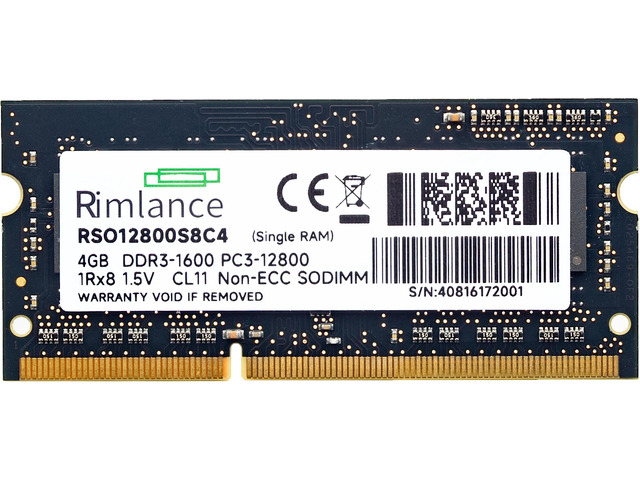Rimlance 4GB (1X4GB) 1.5V DDR3 1600MHz PC3-12800 SODIMM 1RX8