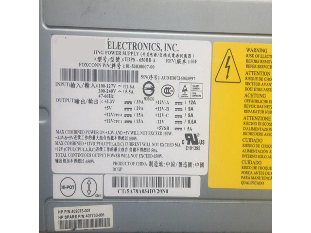 For HP ML150G3 650W Switching Power Supply TDPS-650BB A 407730-001 402075-001