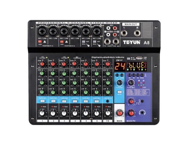 Sound Card Audio Mixer Sound Board Console Desk System Interface 8 Channel USB Bluetooth 48V Power Stereo (Us Plug)