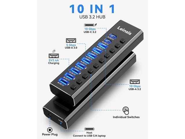 Powered USB Hub 3.2, LEINSIS 10-Port USB 3.2/USB C Hub (10Gbps USB-A 3.2 +2 USB-C 3.2 +7 USB 3.0 Ports) with Individual On/Off Switches and 12V...