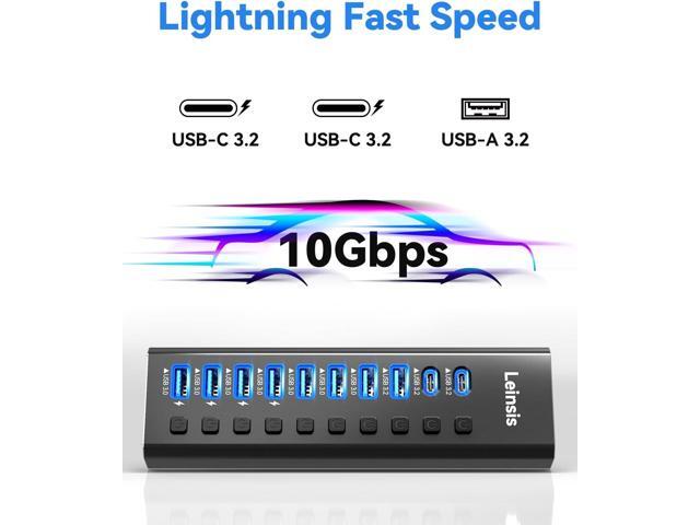 Powered USB Hub 3.2, LEINSIS 10-Port USB 3.2/USB C Hub (10Gbps USB-A 3.2 +2 USB-C 3.2 +7 USB 3.0 Ports) with Individual On/Off Switches and 12V...