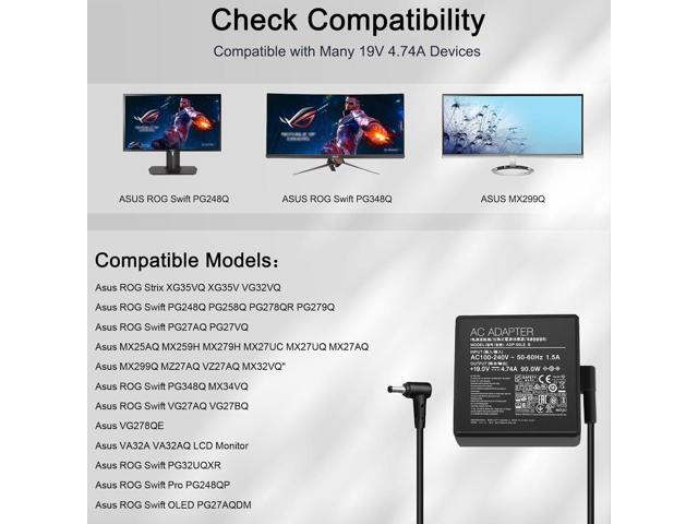 90w Charger for Asus Monitor Power Cord Asus Rog Strix PG279Q PG279 PG279QZ XG27UQ PG259QN TUF Gaming VG27AQ VG32VQR VG35VQ Vivo AiO V230I V230IC...
