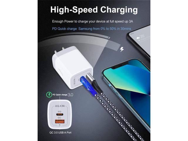 3Pack Dual Port USB-C Wall Plug-in USB Charger, AILKIN 20W Power Delivery + QC3.0 USB A Double Port Fast Charging Block for iPhone 15 14 13 12 Pro...