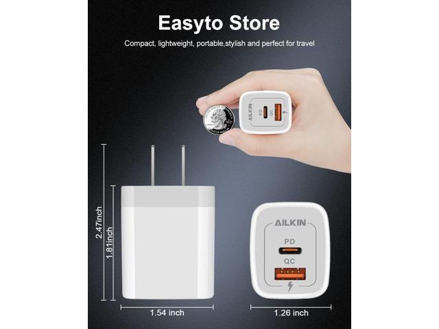 3Pack Dual Port USB-C Wall Plug-in USB Charger, AILKIN 20W Power Delivery + QC3.0 USB A Double Port Fast Charging Block for iPhone 15 14 13 12 Pro...