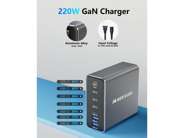 Aluminum Alloy USB C Charger 220W GaN Charger Fast USB C Charging Station 7 Ports 65W Laptop Charger for MacBook Pro/Air/iPad Pro/iPhone Grey