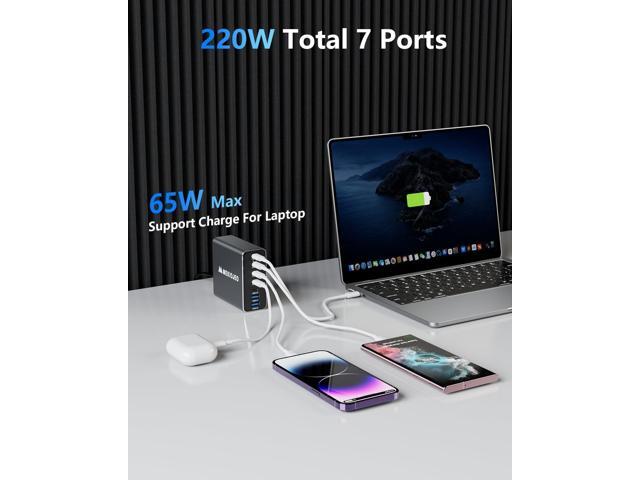Aluminum Alloy USB C Charger 220W GaN Charger Fast USB C Charging Station 7 Ports 65W Laptop Charger for MacBook Pro/Air/iPad Pro/iPhone Grey