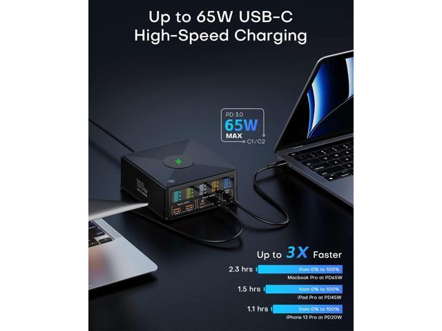 USB Charging Station,ASOMETECH 160W 5-Port USB C Charging Station with 65W PD USB-C Port,QC3.0 Port,Wireless Charger,LCD Display Multi Port Fast...