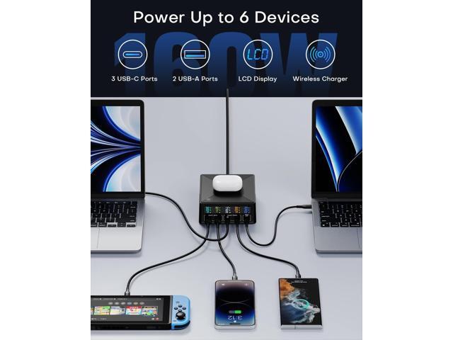 USB Charging Station,ASOMETECH 160W 5-Port USB C Charging Station with 65W PD USB-C Port,QC3.0 Port,Wireless Charger,LCD Display Multi Port Fast...