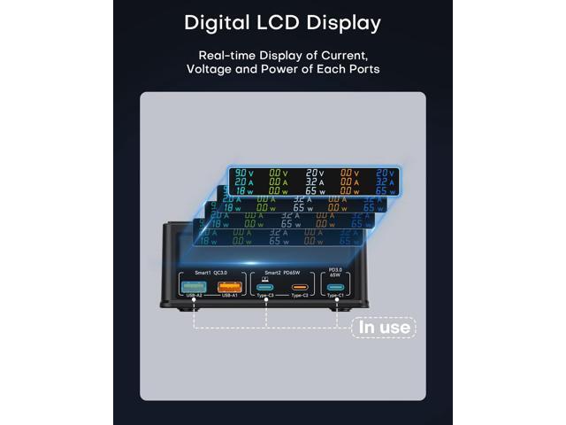 USB Charging Station,ASOMETECH 160W 5-Port USB C Charging Station with 65W PD USB-C Port,QC3.0 Port,Wireless Charger,LCD Display Multi Port Fast...