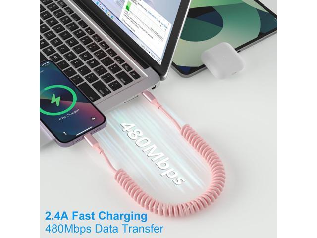 Coiled iPhone Lightning Cable Apple Carplay Cord, MFi Certified 3FT USB C to Lightning Car Charger Cable Pink Short Curly with Data Sync, for...