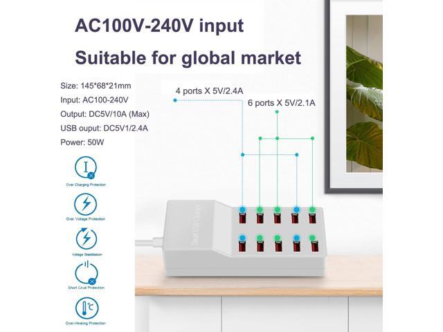 USB Charger Station,10-Port 50W/10A Multiple USB Charging Station,Multi Ports USB Charger Charging for SmartphonesTabletsand Other USB Devices.