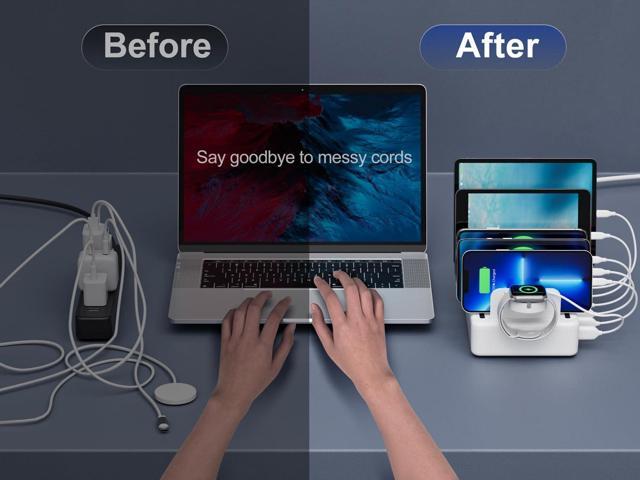 Charging Station for Multiple Devices, 6 Port 50W Fast Multi Charger Station Charging Dock with 6 Mixed Charging Cables for iPhone, iPad, Kindle,...