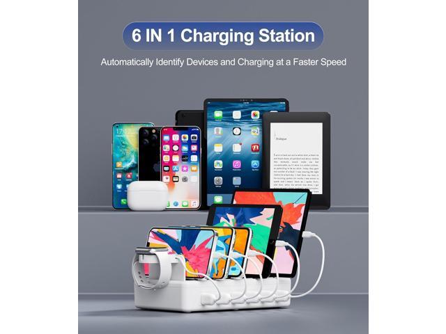 Charging Station for Multiple Devices, 6 Port 50W Fast Multi Charger Station Charging Dock with 6 Mixed Charging Cables for iPhone, iPad, Kindle,...