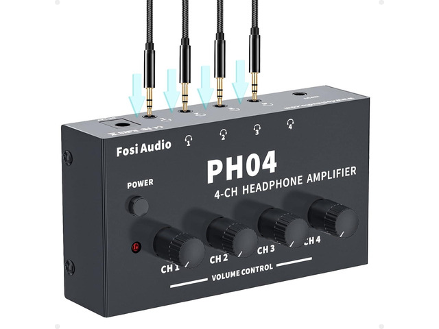 Fosi Audio PH04 4 Channel Headphone Amplifier with 12V 1A Power Adapter Crystal-Clear Sound Quality, Low-Noise Audio Distribution, Compact,...