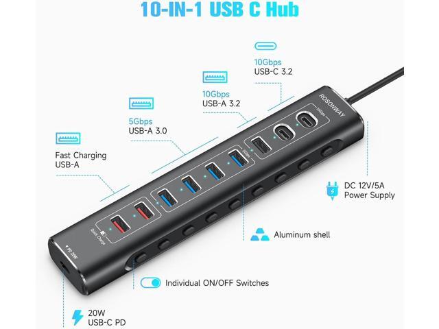 Rosonway 10-Port Powered USB 3.2/USB C Hub 60W with 10Gbps USB-A 3.2, 2 USB-C 3.2, 4 USB 3.0 Data Ports, 1 USB-C PD and 2 USB-A Fast Charging...