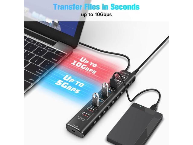 Rosonway 10-Port Powered USB 3.2/USB C Hub 60W with 10Gbps USB-A 3.2, 2 USB-C 3.2, 4 USB 3.0 Data Ports, 1 USB-C PD and 2 USB-A Fast Charging...