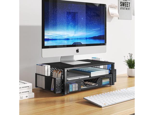 Simple Trending 2 Tier Metal Monitor Stand Monitor riser and Computer Desk Organizer with Drawer and Pen Holder for Laptop, Computer, iMac, Black
