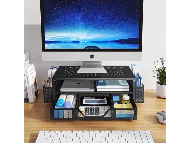Simple Trending 2 Tier Metal Monitor Stand Monitor riser and Computer Desk Organizer with Drawer and Pen Holder for Laptop, Computer, iMac, Black