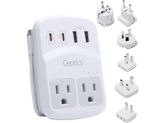 Ceptics World Travel Adapter Kit 2 USB-A, USB-C US Outlets, 20W/QC 18W Power Delivery, Surge Protection, SWADAPT Compatible for Europe, UK, China,...