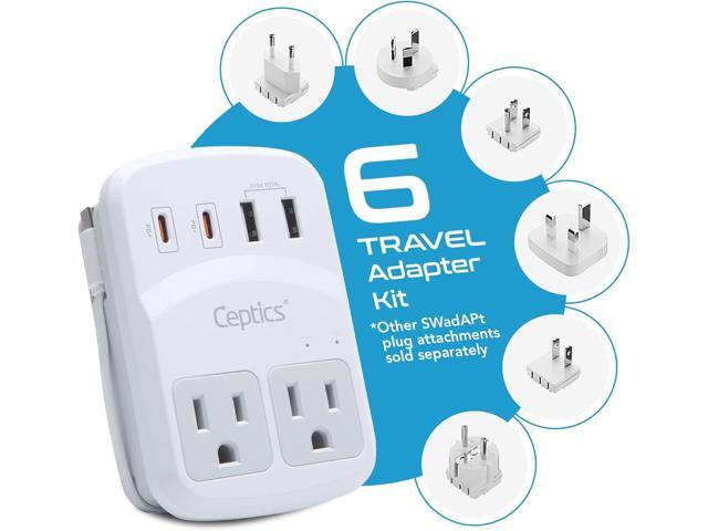 Ceptics World Travel Adapter Kit 2 USB-A, USB-C US Outlets, 20W/QC 18W Power Delivery, Surge Protection, SWADAPT Compatible for Europe, UK, China,...