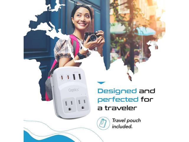 Ceptics World Travel Adapter Kit 2 USB-A, USB-C US Outlets, 20W/QC 18W Power Delivery, Surge Protection, SWADAPT Compatible for Europe, UK, China,...
