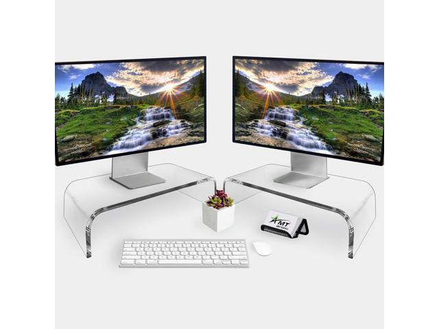 AMT 2 Pack Acrylic Laptop Monitor Stand & Computer Riser with Cat Keyboard Protector, Space-Saving Design, Extra Storage, Clear Shelf - Ideal for...