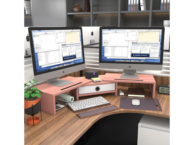 WESTREE Dual 3 Shelf Computer Riser with Drawer, Adjustable Length and Angle, Desktop 2 Monitor Stand Storage Organizer