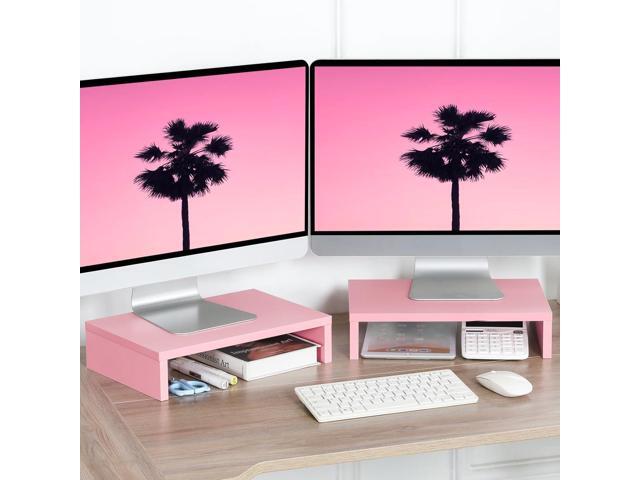 TEAMIX Pink Monitor Stand Riser-2 Pack,Wood 2 Tier Adjustable Monitor Stand Dual Monitor Riser for 2 Monitors/Laptop/PC Computer Stand for Desk