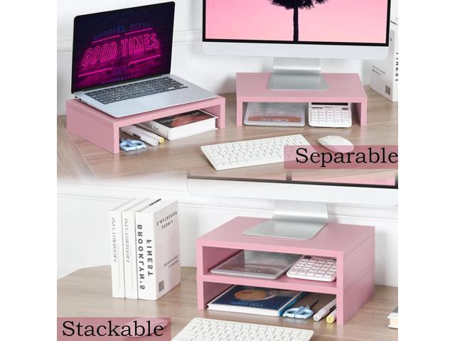 TEAMIX Pink Monitor Stand Riser-2 Pack,Wood 2 Tier Adjustable Monitor Stand Dual Monitor Riser for 2 Monitors/Laptop/PC Computer Stand for Desk