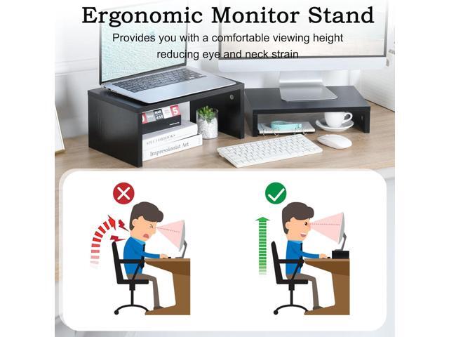 TEAMIX 2 Pack Black Monitor Stand Riser,Wood 2 Tier Adjustable Monitor Stand Dual Monitor Riser for 2 Monitors/Laptop/PC Computer Stand Desktop...
