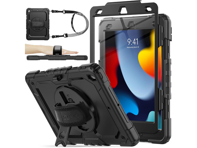 SEYMAC stock Case for iPad 9th/ 8th/ 7th Generation 10.2'', Shockproof with Screen Protector, Pencil Holder [360° Rotating Hand Strap] & Stand, for...