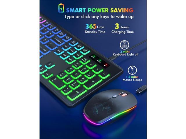 Wireless Keyboard and Mouse Combo - RGB Backlit, Rechargeable & Light Up Letters, Full-Size, Ergonomic Tilt Angle, Sleep Mode, 2.4GHz Quiet...