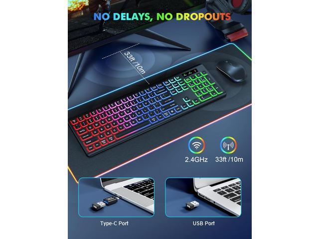 Wireless Keyboard and Mouse Combo - RGB Backlit, Rechargeable & Light Up Letters, Full-Size, Ergonomic Tilt Angle, Sleep Mode, 2.4GHz Quiet...