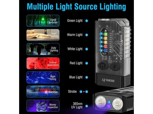 BORUIT V10 Small Powerful Keychain Flashlight with 365nm UV Red Green Blue Light,High Lumens 1000 LM USB C Rechargeable Mini Pocket LED EDC Flash...