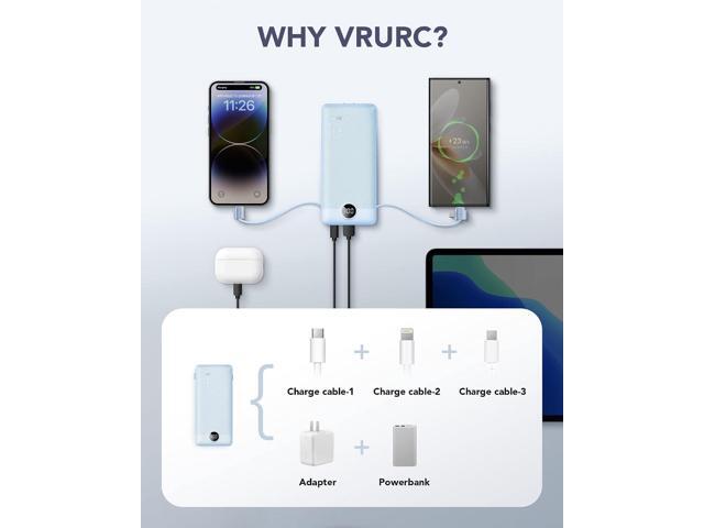 VRURC Portable Charger Built-in Cables and AC Wall Plug, USB C Power Bank 10000mAh, [2023 Upgraded Version] Phone Charger Compact Lightweight...