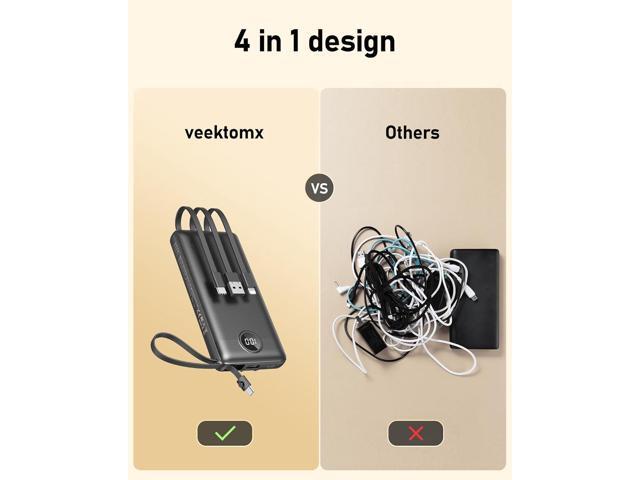 VEEKTOMX Portable Charger with Built-in Cables 10000mAh Power Bank for iPhone Slim Fast Charge USB C Battery Pack Travel Essentials Powerbank...