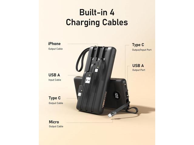 VEEKTOMX Portable Charger with Built-in Cables 10000mAh Power Bank for iPhone Slim Fast Charge USB C Battery Pack Travel Essentials Powerbank...